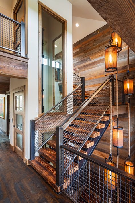 422 Timber Trail - Staircase - Rustic - Staircase - Denver - by Pinnacle Mountain Homes Industrial Staircase Design, Cabin Stairs, Industrial Staircase, Hanger House, Industrial Living Room Design, Rustic Staircase, Rustic Stairs, Staircase Ideas, Staircase Remodel