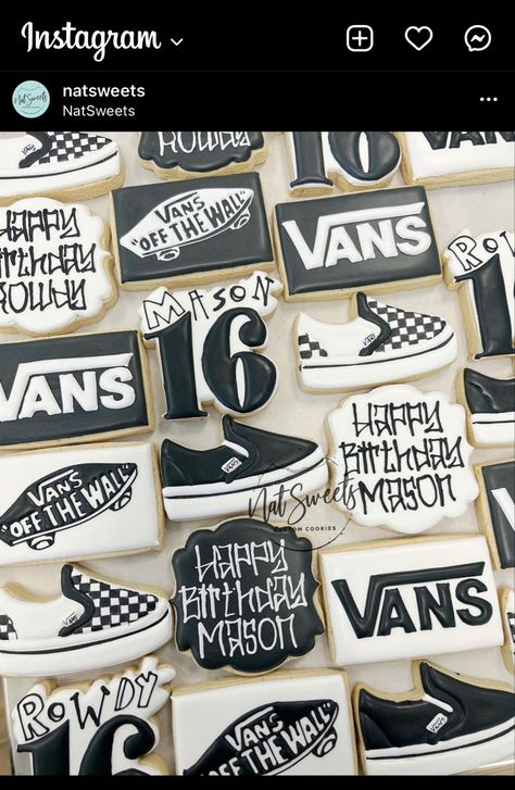 Checkered Bday Party, Skateboarding Birthday Party Ideas, Skater Party Ideas, Vans First Birthday Party, Skater Themed Party, Skateboard First Birthday Party, Vans 1st Birthday, Skateboard Cookies, Emo Cookies