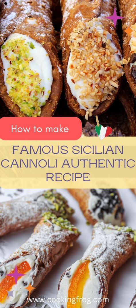 There are a lot of recipes you can improvise with, but when it comes to Sicilian Cannoli it has to be authentic. That’s why I’ve spent time experimenting and researching and on this journey I’ve realized that in order to share the recipe, it is important to know some background of this recipe first. Sicilian Cannoli. This crisp, tube-shaped cake is filled with ricotta cheese and it’s almost impossible not to love it. It is impossible to imagine a trip to Sicily without eating Cannoli. #cannoli Canolis Recipe Italian Authentic, Sicilian Dessert Recipes, Authentic Sicilian Recipes, Conoli Recipe, Sicilian Recipes Authentic, Sicilian Desserts, Sicilian Cannoli Recipe, Cannoli Recipes, Sicilian Cannoli