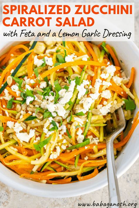 Carrot And Zucchini Salad, Spiralizer Salad Recipes, Carrot Salads, Thm Salads, Lemon Garlic Dressing, Zoodle Salad, Lemony Dressing, Zucchini Carrot, Salad Vegetarian