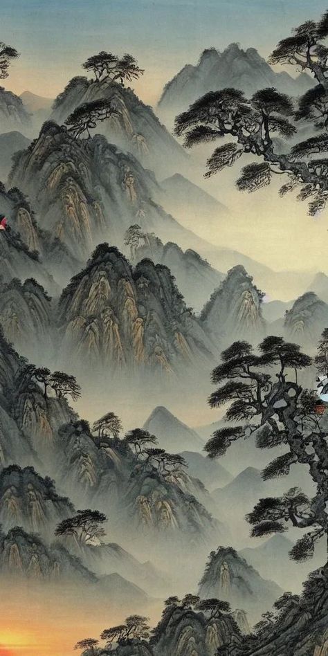 Ancient Asian Art, Xiao Background, Chinese Mountain Painting, Ancient Chinese Painting, Asia Illustration, Chinese Mountains, Japanese Mountains, Yin Yang Art, Asian Landscape