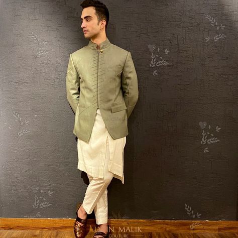 Photo of Olive green jacket with kurta pyjama for grooms. Pant Design For Men, Coat Pant Design, Traditional Indian Mens Clothing, Coat Pant For Men, India Fashion Men, Indian Wedding Suits Men, Man Dress Design, Indian Wedding Clothes For Men, Sherwani For Men Wedding