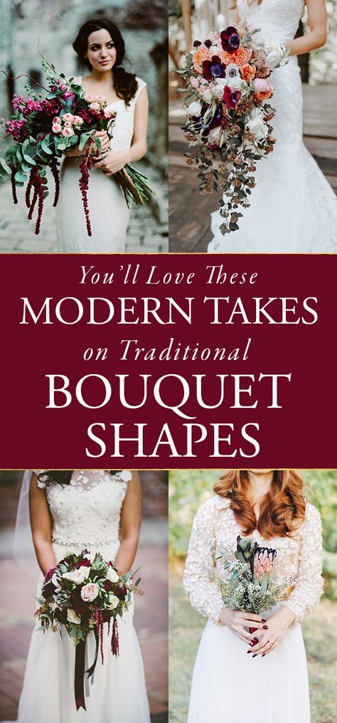 You'll Love These Modern Takes On Traditional Bouquet Shapes | Junebug Weddings Different Styles Of Bouquets, Wedding Bouquet Shapes Chart, Wedding Bouquets Shapes, Bridal Bouquet Styles Shape, Hand Tied Bouquet Wedding, Bouquet Styles Shape, Fall Wedding Bouquets September, Types Of Bouquets Shapes, Modern Bouquet Wedding