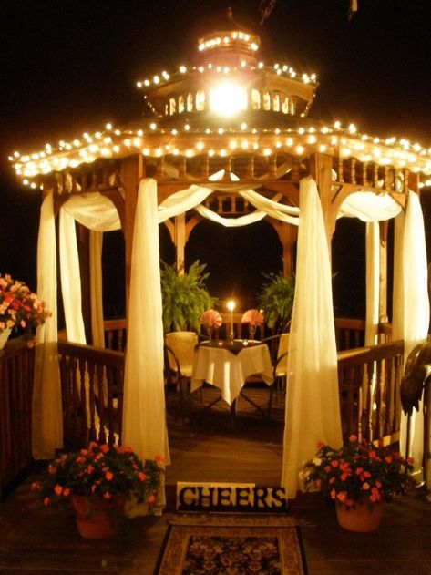 Gazebo Decor                                                                                                                                                     More Gazebo Wedding Decorations, Inexpensive Dates, Night Romance, Small Gazebo, Gazebo Curtains, Gazebo Lighting, Gazebo Decorations, Women Activities, Patio String Lights