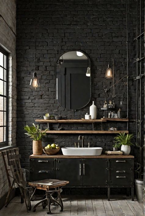 Industrial Style Salon, Black Brick Bathroom, Black Brick Interior, Industrial Accent Wall, Painted Faux Brick Wall, Sherwin Williams Tricorn Black, Brick Wall Interior Design, Light Colored Granite, Walnut Wood Kitchen