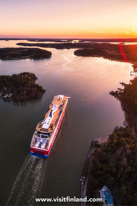 A cruise ship flowing through the Turku Archipelago during sunset. Baltic Sea Cruise, Nordic Countries, Baltic Sea, Helsinki, Small Town, Small Towns, Stockholm, Finland, The Good Place