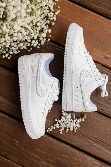 Air Force Wedding Shoes, Nike Wedding Sneakers, Nike Air Force Wedding Shoes, White Nike Wedding Shoes, Nike Air Force 1 Custom Wedding, Reception Sneakers For Bride, Bride Sneakers Wedding Nike, Air Force 1 Bride Shoes, Wedding Nike Air Force