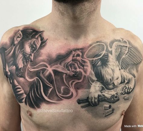 Good &evil Crazy Chest Tattoo Men, Good Angel Bad Angel, Good And Evil Tattoos, Bad Angel, 16 Tattoo, Tattoo Neck, Evil Tattoo, Gangsta Tattoos, Evil Tattoos