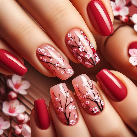 Spring Themed Nails, Red Floral Nails, Badass Nails, Cherry Blossom Nails Art, Cherry Blossom Nails, Easter Nail Designs, Valentine Nail Art, Shaped Nails, Amazing Nails