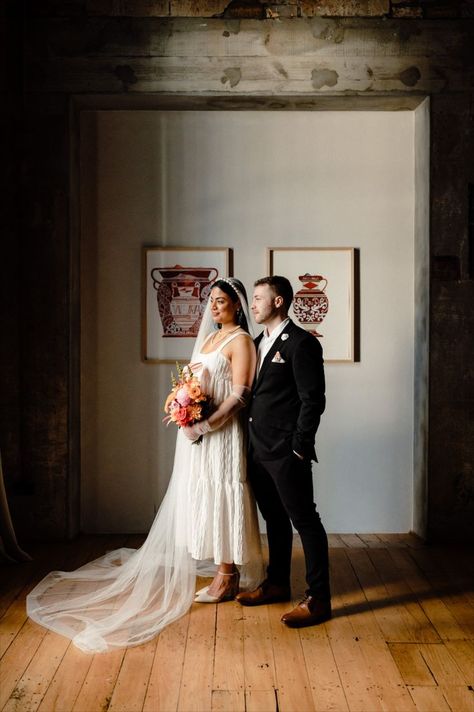 Bride and Groom standing in front of artwork in The Hotel Britomart wedding venue space. Hotel Britomart, Auckland Wedding, Wedding Styled Shoot, Auckland City, Small Intimate Wedding, Aesthetic Themes, Hotel Wedding, At The Hotel, Small Wedding