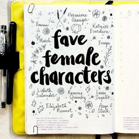 Journal page idea: list your  favorite female fictional characters Female Fictional Characters, Kunstjournal Inspiration, Smash Journal, Wreck This Journal, Diary Ideas, Bullet Journal Inspo, Journals & Planners, Journal Doodles, Journal Entries