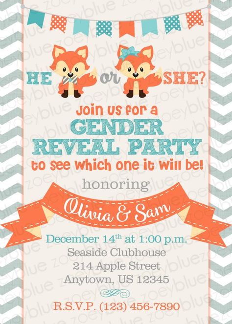 Fox Gender Reveal Party, Woodland Baby Shower Girl, Fox Gender, Woodland Creatures Baby Shower, Gender Reveal Themes, Baby Shower Girl, Gender Reveal Invitations, Reveal Ideas, Baby Reveal