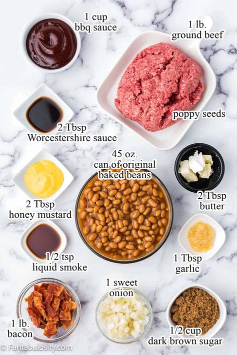 These easy baked beans with ground beef recipe is perfect for a bbq, uses bacon, and easy ingredients! Healthy Ideas With Ground Beef, Sweet Baked Beans With Ground Beef, Baked Beans Recipe No Bacon, Baked Beans With Ground Beef And Bacon, Loaded Baked Beans Ground Beef, Baked Beans Recipe With Ground Beef, Pork And Beans With Hot Dogs, Bbq Baked Beans With Ground Beef, Southern Baked Beans With Ground Beef