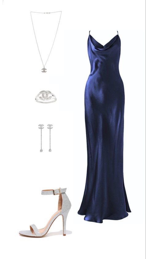 Dark Blue Silk Dress Aesthetic, Dark Blue Homecoming Dress Long, Prom Shoes For Blue Dress, Best Dress Colors For Brunettes, Blue Polyvore Outfits, Formal Dress Inspo Aesthetic, Blue Dress Gold Jewelry, Navy Wedding Guest Outfit, Dark Blue Dress Outfit