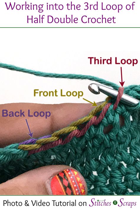 The half double crochet (hdc) stitch is unique because it has an extra, 3rd loop. Learn how to work into this 3rd loop, whether in rows or in rounds, in this free tutorial! #crochet #crochettutorial #thirdloop #3rdloop #halfdoublecrochet #3rdloophdc #tutorial #stitchesnscraps Crochet 3rd Loop, Hdc Back Loop Only, Third Loop Half Double Crochet, 3rd Loop Crochet, Third Loop Crochet, Crochet Third Loop, Crochet Hdc, Foundation Half Double Crochet, Half Double Crochet Stitch