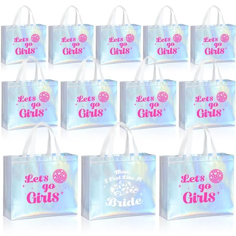 PRICES MAY VARY. non woven material Imported Adequate Quantity: you will receive 11 pieces "Let's Go Girls" gift bags and 1 piece "Man, I Feel Like A Bride" gift bag in laser color, enough for your distribution and replacement needs, or you can give them as gifts to others Suitable Size: the bridesmaid gift bags for bridal measures approximately 30 x 25 x 10 cm/ 11.8 x 9.8 x 3.9 inches, which is large enough so you can pack as many things as you want in it, nice for packing gifts and for use at Holographic Bachelorette, Bachelorette Party Gifts For Bridesmaids, Western Party Favors, Cowgirl Party Favors, Bride Gift Bags, Bachelorette Gift Bags, Bachelorette Bag, Mexico Bachelorette, Glossier Bag