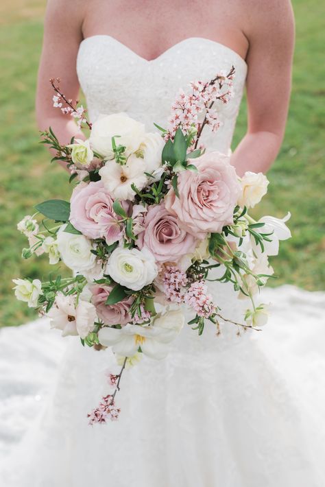 Blush bridal bouquet with roses, ranunculus, hellebores, butterfly ranunculus and crabapple. Spring bridal bouquet. Blush wedding flowers. Blush Bouquet Wedding, Simple Wedding Bouquets, Blush Bridal Bouquet, Bridal Bouquet Spring, Spring Wedding Bouquets, Bridal Bouquet Pink, Spring Wedding Bouquet, Rose Bridal Bouquet, Blush Bouquet