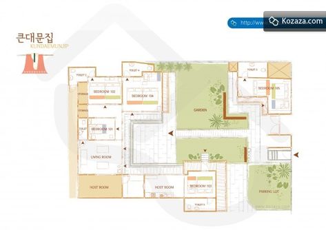 Hanok Floor Plan 1 Hanok Floorplan, Garden Toilet, Hanok House, Korean Traditional House, Courtyard House Plans, House Layout Plans, Korean Traditional, Village Houses, Courtyard House