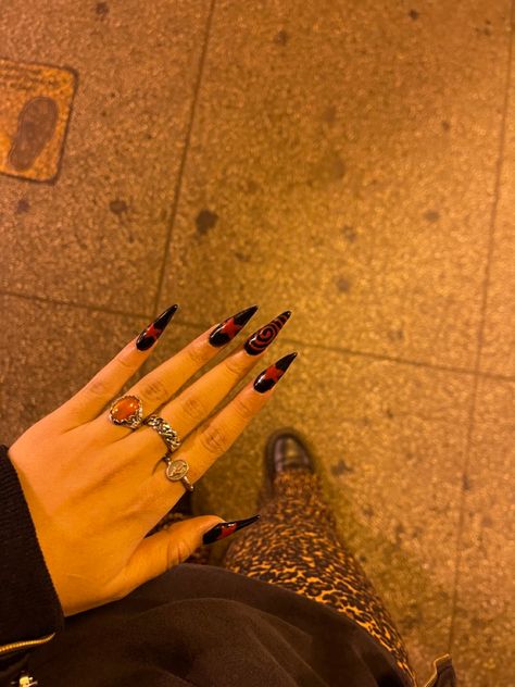 Nails, emo, and rocker girlfriend nails, acrylic nails Rockstars Girlfriend Nails, Rockstar Nails Aesthetic, Rockstar Nails Acrylic, Rock N Roll Nails, Rockstar Gf Nails, Rocker Nails, Supernatural Oc, Rockstar Nails, Nail Piercing