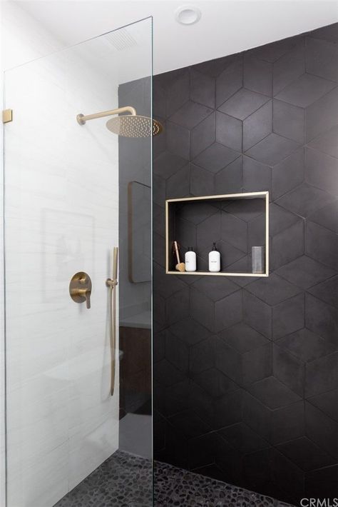 Dark Master Bath Modern, Darker Shower Tile Ideas, Unique Master Shower Ideas, Jack And Jill Bathroom Mirror Ideas, Black Master Shower Tile, Dark Tile Master Shower Ideas, Black Shower Master Bath, Master Bath With Lighted Mirrors, Master Shower Dark Tile