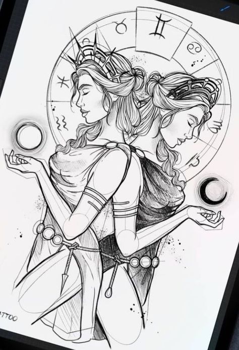 Gemini Tattoo Designs, Gemini Art, Gemini Tattoo, Zodiac Tattoos, Tattoo Art Drawings, Dark Art Drawings, Zodiac Art, Pencil Art Drawings, Tattoo Design Drawings