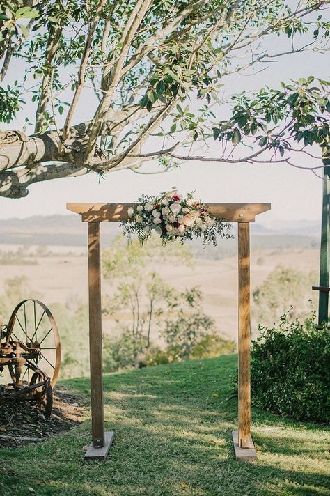 Simple rustic country outdoor wedding ceremony with wooden arbour and flowers | Sophie Baker Photography Landscape Arbor, Wooden Arbour, Trumpet Vines, Wedding Landscape, Arbor Ideas, Wedding Arch Ideas, Simple Coat, Metal Vinyl, Wooden Arbor