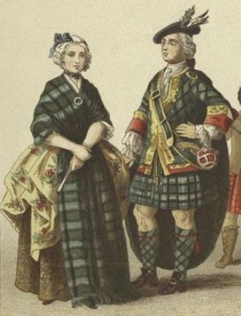 English And Scottish Dress, 18th Century. [Illustration created in the 19th century by  Albert Kretschmer (1825-1891)].  Printed on border: "Scotch: 11. Lady of rank ; 12. Highland gentleman." 1700s Scottish Fashion, 18th Century Scottish Dress, Highland Fashion, Scottish Clothes, Mountain Man Clothing, Scottish Dress, Scottish Women, Outlander Costumes, Scottish Clothing