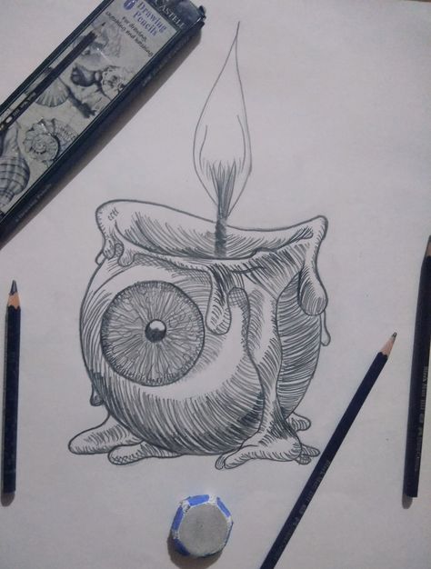 sketching__eye ball candle __ You can visit my page on instagram on @anshi.vardhan Candle Eye Drawing, Eyeball Candle Drawing, Eye Ball Reference, Eye Ball Drawings, Eye Balls Drawing, Eye Ball Tattoos, Eye Ball Sketch, Horror Eyes Drawing, Eye Ball Art