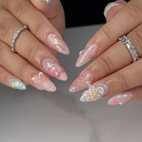 𓆤 the fairycore combo 🦋 custom design on Medium Almond Gelx 🧚🏻 #nailinspo #naildesign #fairycorenails #gardennails #nailart #3dflowernails Forest Fairy Nails, Fairycore Nails, Nail Designs Almond, Fairy Nails, Nail Store, 3d Flower Nails, Medium Almond, Wedding Nails For Bride, Forest Fairy