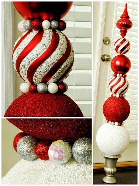 17 Easy Christmas Home Decor Ideas that Look Expensive | Hometalk Christmas Finials, Ornament Topiary, Christmas Topiary, Christmas Peppermint, Diy Christmas Ornament, Christmas Porch Decor, Glitter Glass, Noel Christmas, Christmas Wreaths Diy