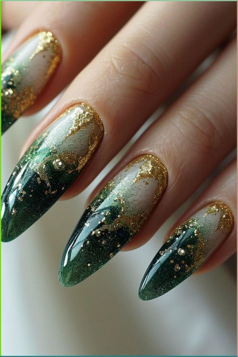 Emerald Green Flower Nails, Forest Green Prom Nails, Forest Nails Designs, Milk Tea Nails, Dark Green And Gold Nails, Lord Of The Rings Nails, Evergreen Nails, Woodland Nails, Elegant Green Nails