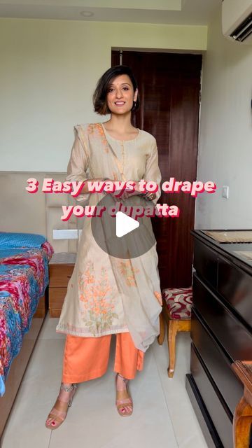 Simran Gill on Instagram: "3 Easy ways to drape your dupatta  Suit @gangafashions  . . . . . . . . . . #homegrownlabel #dupattadraping #stylingtips #stylingvideo #personalstyle #personalstyling #indianwear #festivewear #indianfashionblogger" Salwar Kameez Dupatta Draping, Dupatta Drapes On Suit, Dupatta Draping Styles With Kurti, Drape Dupatta Gown, Dupatta Draping Styles For Suits, Draping Dupatta Suits, Duppata Draping Style On Suit, How To Style A Dupatta, How To Style A Kurti