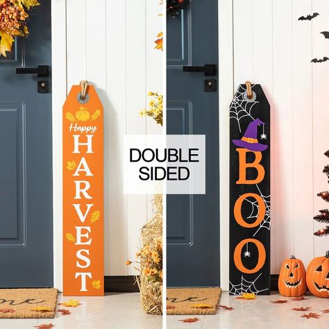 Glitzhome 35.5"H Fall/Halloween Wooden Double Sided Harvest / Boo Porch Sign - On Sale - Bed Bath & Beyond - 40370629 Black Wood Background, Thanksgiving Inflatables, Halloween Porch Sign, Outdoor Thanksgiving, Halloween Wood Signs, Happy Harvest, Halloween Porch Decorations, Orange Wood, Wood Tags