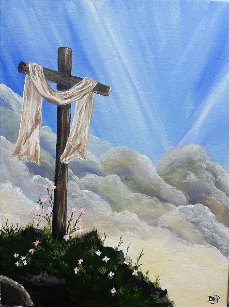 "Acrylic painting of \"His is Risen\". A cross on a beautiful hill will flowers. This painting is 12\"x16\" and beautifully varnished. Ready to hang or can be placed in any 12\"x16\" floating frame." Paintings About Hope, Painting Cross Ideas, Large Scale Acrylic Painting, Gospel Painting Ideas, Jesus Painting Aesthetic, Christian Paint Night Ideas, Cross Painting Ideas On Canvas, Acrylic Painting Christian, Cute Jesus Drawings