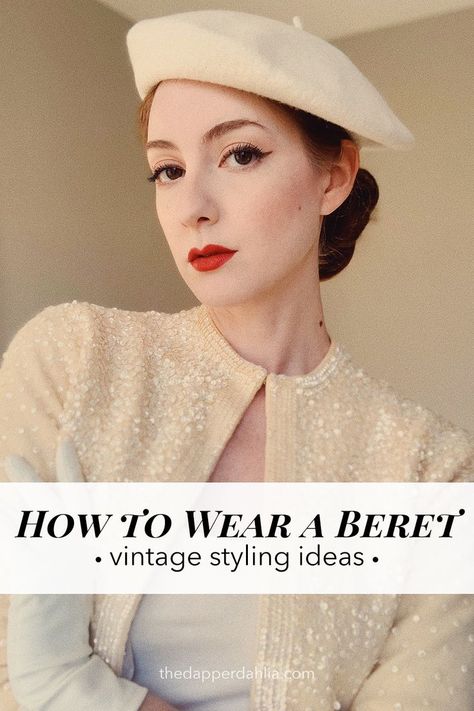 how to wear a beret hat, vintage styling ideas Beret Hairstyles Long Hair, How To Wear A Beret Hat, French Beret Outfit, Beret Hairstyles, How To Style A Beret, Beret Hat Outfit, Beret Hair, How To Wear A Beret, Beret Outfit