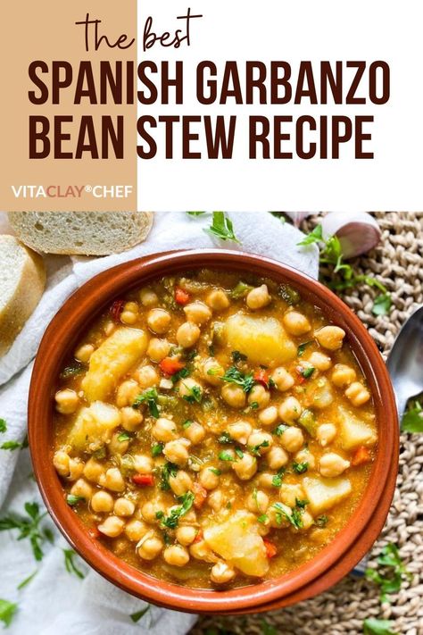 The best Spanish garbanzo bean stew recipe made in VitaClay one pot! Perfect for a tasty, easy dinner. Chickpea Bean Recipes, Spanish Garbanzo Bean Stew, Slow Cooker Garbanzo Beans, Crockpot Garbanzo Beans, Ground Turkey Garbanzo Beans, Soups With Garbanzo Beans, Garbanzo Bean Crockpot Recipes, Garbanzo Bean And Rice Recipes, Garbanzo Bean Recipes Instant Pot