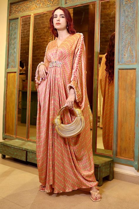 Buy Pink Satin Print Abstract V Neck Zeba Pattern Kaftan For Women by Gopi Vaid Online at Aza Fashions. Pink Kaftan, Gopi Vaid, Kaftan Pattern, Kaftan For Women, Kaftan Designs, Traditional Indian Outfits, Kurta Designs Women, Dream Wedding Ideas Dresses, Ethnic Outfits