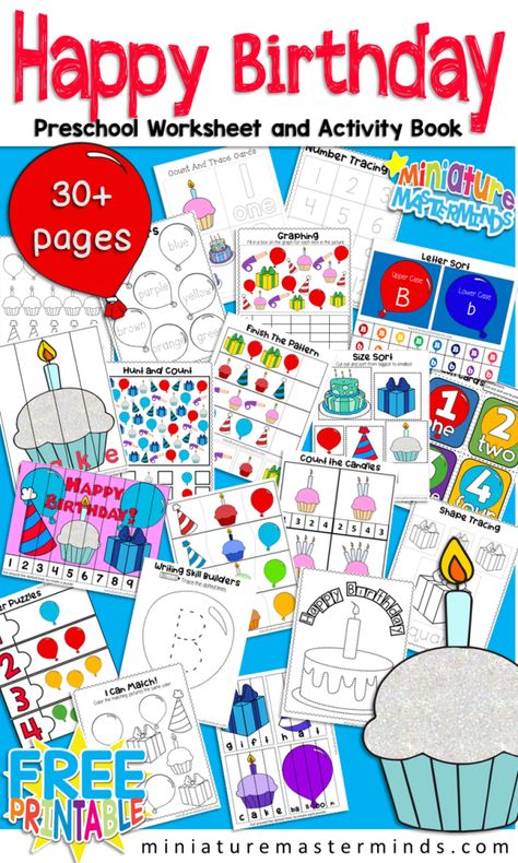 Happy Birthday Themed Preschool Workbook ⋆ Miniature Masterminds Birthday Activities Kids, Preschool Birthday, Preschool Workbooks, Birthday Activities, Birthday Crafts, Tot School, Preschool Themes, Preschool Theme, Preschool Printables