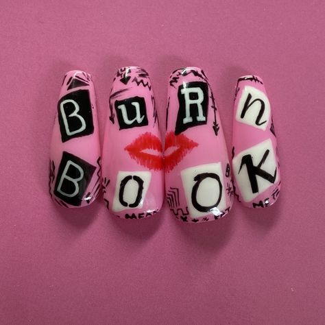 Barbie Movie Nail Art, Nails Book Ideas, Burn Book Makeup, Mean Girls Nails Acrylic, Mean Girls Inspired Nails, Mean Girls Nails Ideas, Burn Book Nails, Mean Girl Nails, Feminist Nails