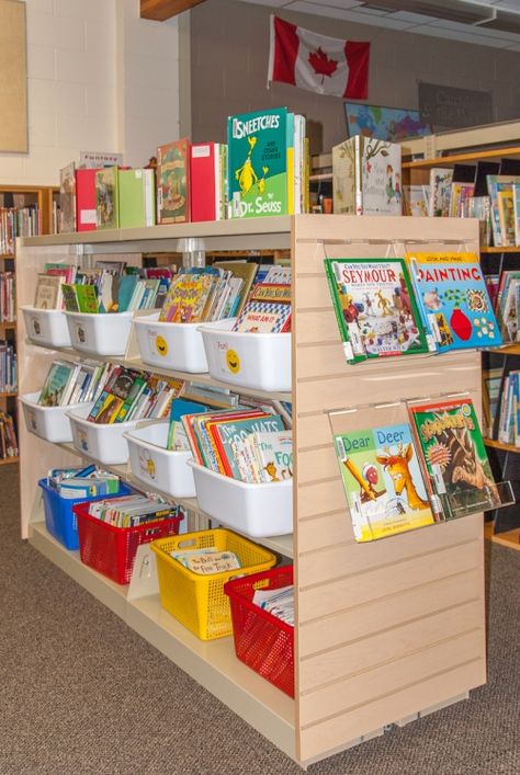 Check out this modified bookstore arrangement: http://schoollibrarybeyondsurvival.wordpress.com/tag/a-school-library-transformed-series/ Library Signage Elementary, Library Shelves Design, School Library Organization, School Library Furniture, Books On Shelves, Media Center Ideas, Church Library, Library Shelving, School Library Design