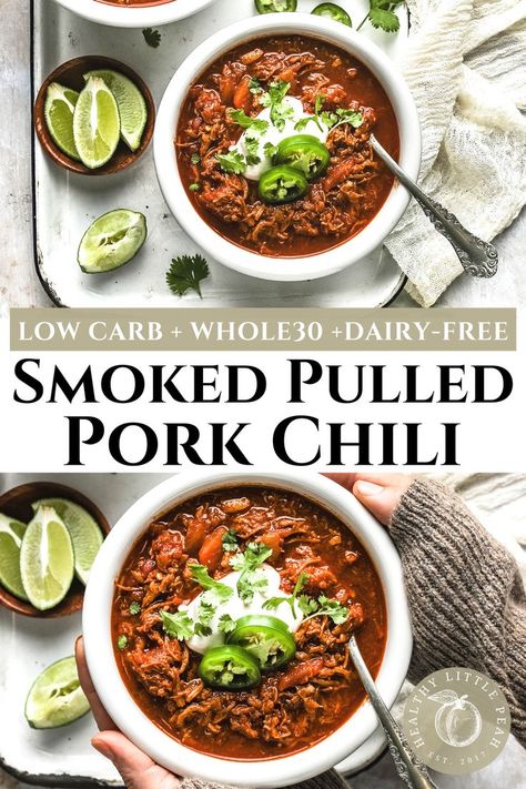 Chili screams tailgating, football. If you are finding yourself needing something healthy that will warm your soul on a fall or winter night, whip up this Smoked Pulled Pork Chili. Dairy-Free, Low Carb, Paleo, and Whole30 compliant. #chili #chilirecipes #traegerrecipes #whole30 #lowcarb #soup #soupseason #souprecipes Pulled Pork Soup, Chili Low Carb, Pulled Pork Chili Recipe, Low Carb Pulled Pork, Pork Chili Recipe, Pulled Pork Chili, Pulled Pork Leftover Recipes, Pork Chili, Pulled Pork Leftovers