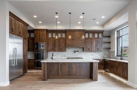 Wood Floor Dark Cabinets, Light Wood Floors Dark Cabinets, Dark Walnut Cabinets, Light Floors Dark Cabinets, Rustic Galley Kitchen, Kitchen With Dark Wood Cabinets, Barndo Kitchen, Dark Cabinets Kitchen, Kitchen Cabinets And Flooring