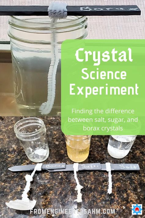 Crystal Science Experiment at Home - From Engineer to SAHM Salt Crystal Experiment, Science Fair Projects Crystals, Salt Crystals Diy For Kids, Sugar Crystal Science Project, Kids Science Fair Projects, Science Fair Projects Boards, Borax Crystals, Stem Club, Lab Ideas