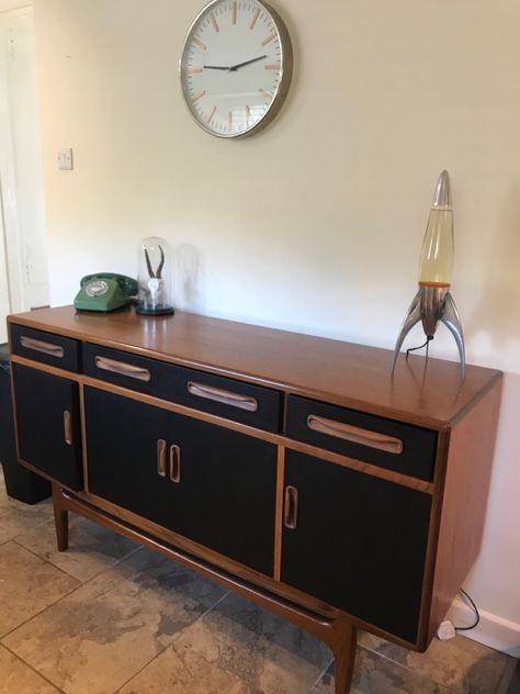 G Plan Fresco sudeboard with black stained doors Painted Furniture Living Room, Two Tone Sideboard, Upcycled G Plan Furniture, Black Sideboard Upcycle, Upcycled Mid Century Sideboard, Ercol Sideboard Upcycle, Mahogany Sideboard Upcycle, Upcycled Ercol Sideboard, Credenza Makeover