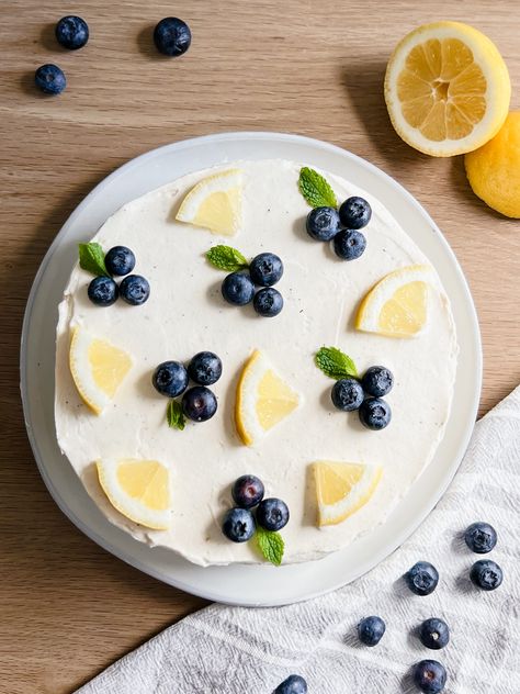 Lemon Blueberry Cake with Whipped Vanilla Cream Cheese Frosting Cake Decorating Blueberries, Lemon Blueberry Cake With Cream Cheese, Lemon Birthday Cake For Men, Mini Birthday Cake Recipe, Blueberry Decorated Cake, Lemon Blueberry Cake Decoration, Fresh Cream Cake Decoration, Lemon Cake Birthday, Cakes With Fresh Fruit