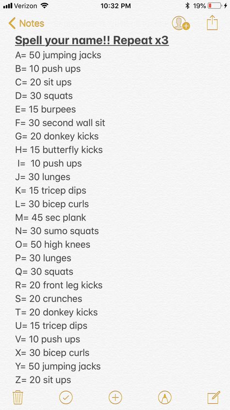 Spell your name workout! Workouts Name, Your Name Your Workout, Slender Workout, Workouts Gymnastics, Your Name Workout, Spell Out Your Name, Workouts Plans, Name Workout, Teen Workout