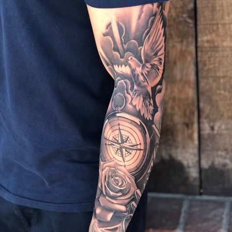 Tattoo of dove with clouds. Compass and Rose tattoos. Half sleeve. Compass Sleeve Tattoo, Compass And Rose Tattoo, Tattoos Half Sleeve, Tattoo Clock, Clock And Rose Tattoo, Sleeve Tattoo, Rose Tattoos, Rose Tattoo, Half Sleeve