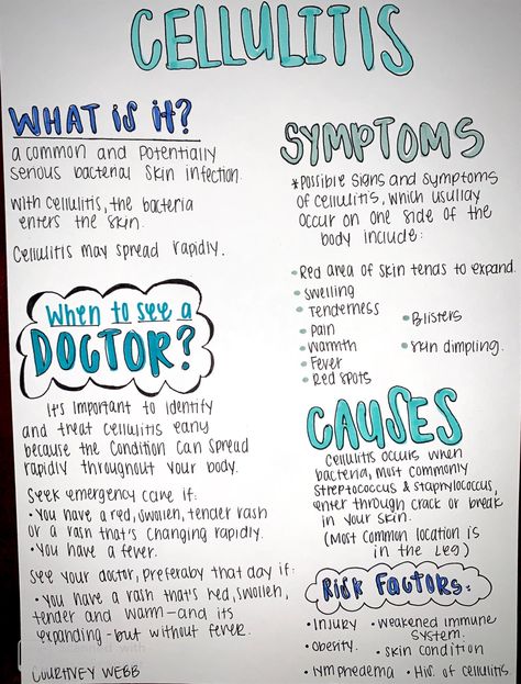 Cellulitis; Nursing School Notes Nursing School Studying Cheat Sheets, Nursing School Organization, Nurse Skills, Medical Assistant Student, Paramedic School, Nursing School Essential, Medicine Notes, Nursing School Motivation, Nurse Study Notes