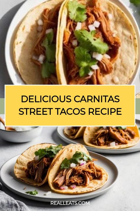 Carnitas street tacos topped with cilantro and onions on a plate. Carnitas Street Tacos Recipe, Carnitas Street Tacos, Carnitas Tacos Recipe, Street Tacos Recipe, Street Taco Recipe, Mexican Pork, Carnitas Tacos, Gluten Free Chili, Shredded Pork