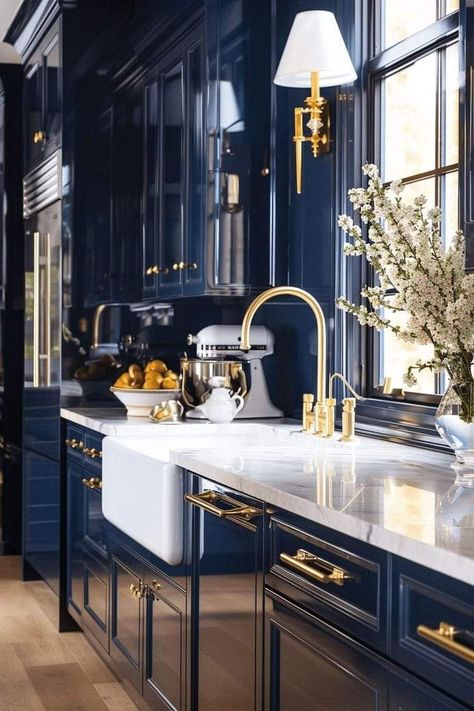 Dark Blue Kitchen Ideas, Blue And White Kitchen Ideas, Dark Blue Kitchen, Blue Kitchen Ideas, Dark Blue Kitchens, Blue And White Kitchen, Beautiful Kitchen Cabinets, White Kitchen Ideas, Art Deco Kitchen